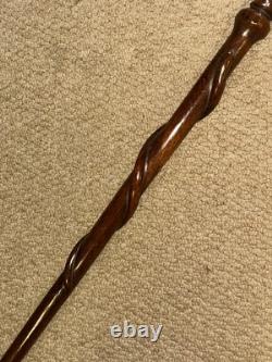 Vintage Large Walnut Walking Stick Carved Turned & Snake Shaft & Silver Emblem