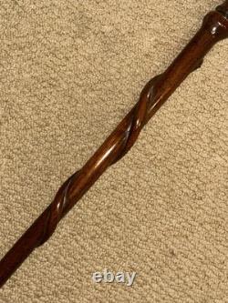 Vintage Large Walnut Walking Stick Carved Turned & Snake Shaft & Silver Emblem