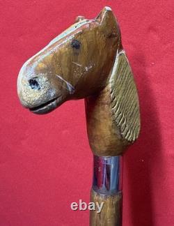 Vintage Long Wooden Hand Carved Walking Stick With Hand Carved Horse Head 129 Cm
