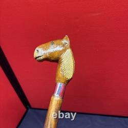 Vintage Long Wooden Hand Carved Walking Stick With Hand Carved Horse Head 129 Cm
