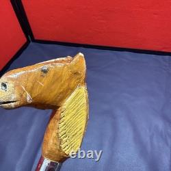 Vintage Long Wooden Hand Carved Walking Stick With Hand Carved Horse Head 129 Cm