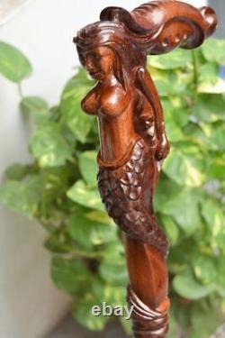Vintage Mermaid handle Walking Stick Cane Wooden Carved handmade wood crafted