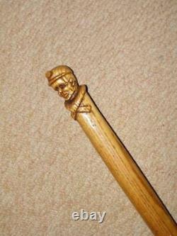 Vintage Oak Walking Stick/Cane Carved Colliery Coal Miners Head Top 91.5cm