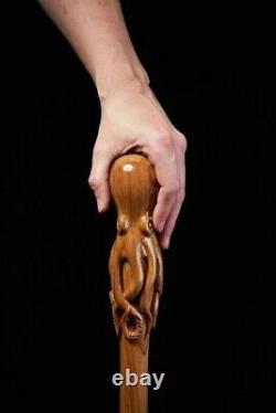 Vintage Octopus Head Handle Wooden Walking Stick Cane Hand Carved new gift