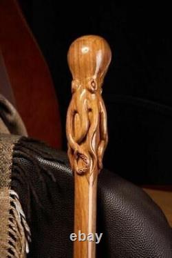 Vintage Octopus Head Handle Wooden Walking Stick Cane Hand Carved new gift