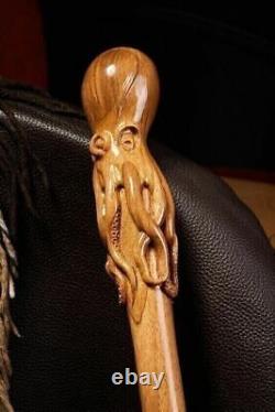 Vintage Octopus Head Handle Wooden Walking Stick Cane Hand Carved new gift