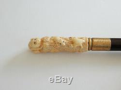 Vintage Oriental Bone Cat Mouse Rat Hand Carved Walking Stick Ebony