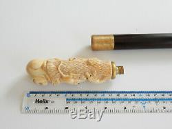 Vintage Oriental Bone Cat Mouse Rat Hand Carved Walking Stick Ebony