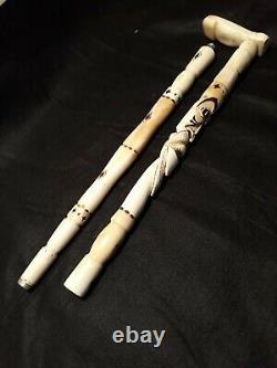 Vintage Ornamental bone carved walking stick Collectible bovine bone art