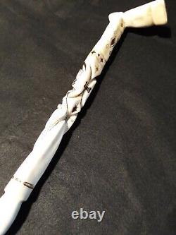 Vintage Ornamental bone carved walking stick Collectible bovine bone art