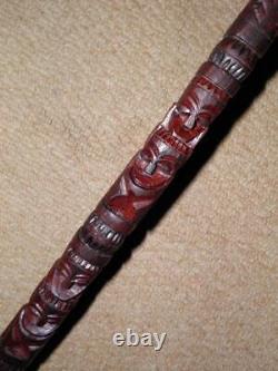 Vintage Pacific Northwest Walking Stick With Carved Crocodile & Totem Pole 88cm