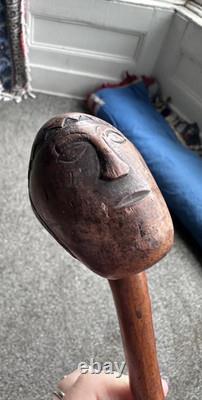 Vintage Primitive Antique hand carved head walking stick wooden cane