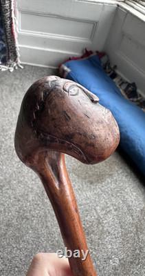 Vintage Primitive Antique hand carved head walking stick wooden cane