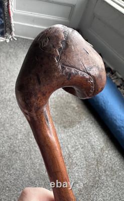 Vintage Primitive Antique hand carved head walking stick wooden cane