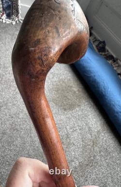 Vintage Primitive Antique hand carved head walking stick wooden cane