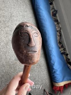 Vintage Primitive Antique hand carved head walking stick wooden cane