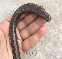 Vintage Rare Hand Carved Horse Face Engraved Iron Walking Hand Stick I623