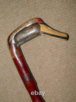 Vintage Rustic Bamboo Walking Stick/Cane With Hand-Carved Duck Head Handle 91cm