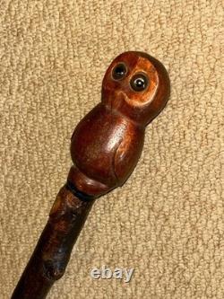 Vintage Rustic Birch Walking Stick Cane Hand-Carved Owl Top Glass Eyes