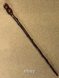 Vintage Rustic Birch Walking Stick Cane Hand-Carved Owl Top Glass Eyes