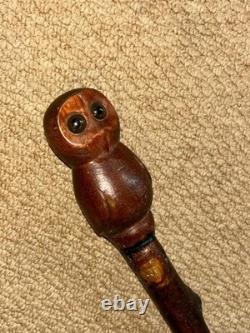 Vintage Rustic Birch Walking Stick Cane Hand-Carved Owl Top Glass Eyes