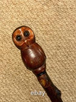 Vintage Rustic Birch Walking Stick Cane Hand-Carved Owl Top Glass Eyes