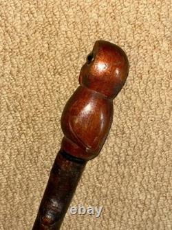Vintage Rustic Birch Walking Stick Cane Hand-Carved Owl Top Glass Eyes