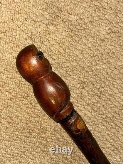 Vintage Rustic Birch Walking Stick Cane Hand-Carved Owl Top Glass Eyes