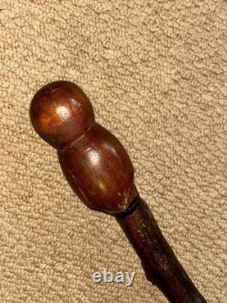 Vintage Rustic Birch Walking Stick Cane Hand-Carved Owl Top Glass Eyes