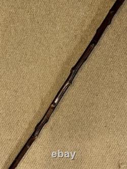 Vintage Rustic Birch Walking Stick Cane Hand-Carved Owl Top Glass Eyes