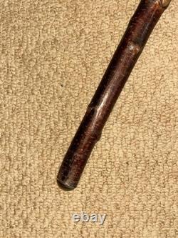 Vintage Rustic Birch Walking Stick Cane Hand-Carved Owl Top Glass Eyes