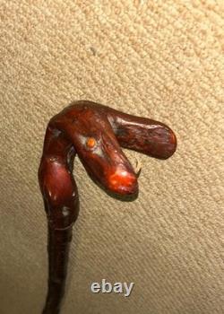 Vintage Rustic Birch Walking Stick Cane Hand-Carved Snake Handle & Antler Teeth