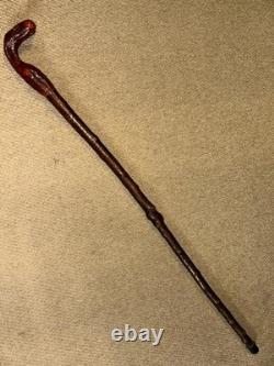 Vintage Rustic Birch Walking Stick Cane Hand-Carved Snake Handle & Antler Teeth
