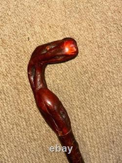 Vintage Rustic Birch Walking Stick Cane Hand-Carved Snake Handle & Antler Teeth