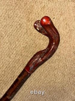 Vintage Rustic Birch Walking Stick Cane Hand-Carved Snake Handle & Antler Teeth