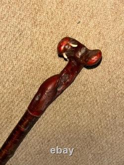 Vintage Rustic Birch Walking Stick Cane Hand-Carved Snake Handle & Antler Teeth