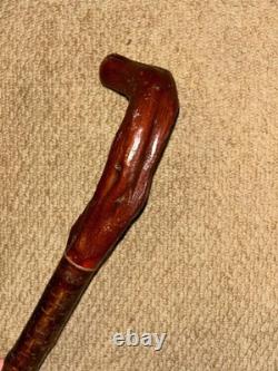 Vintage Rustic Birch Walking Stick Cane Hand-Carved Snake Handle & Antler Teeth