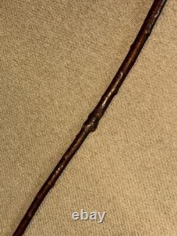 Vintage Rustic Birch Walking Stick Cane Hand-Carved Snake Handle & Antler Teeth