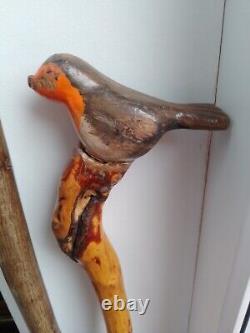 Vintage Rustic Folk Art Walking Stick With Carved Robin Detail