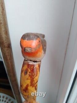 Vintage Rustic Folk Art Walking Stick With Carved Robin Detail