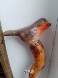 Vintage Rustic Folk Art Walking Stick With Carved Robin Detail