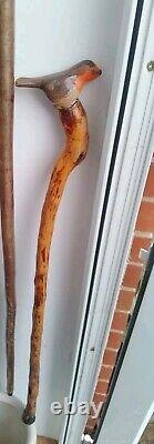 Vintage Rustic Folk Art Walking Stick With Carved Robin Detail