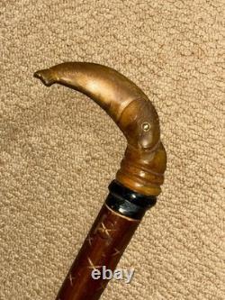 Vintage Rustic Walking Stick Cane Hand-Carved Bovine Horn Fish Crook Handle