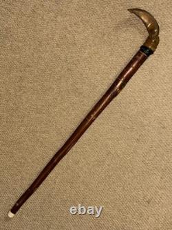 Vintage Rustic Walking Stick Cane Hand-Carved Bovine Horn Fish Crook Handle