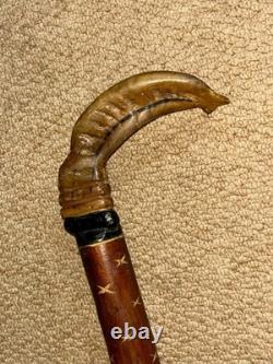 Vintage Rustic Walking Stick Cane Hand-Carved Bovine Horn Fish Crook Handle Vintage Rustic Walking Stick Cane Hand-Carved Bovine Horn Fish Crook Handle