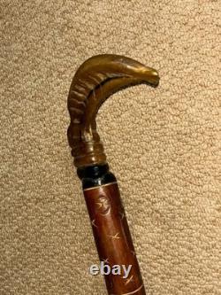 Vintage Rustic Walking Stick Cane Hand-Carved Bovine Horn Fish Crook Handle