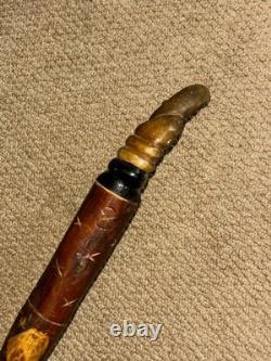 Vintage Rustic Walking Stick Cane Hand-Carved Bovine Horn Fish Crook Handle