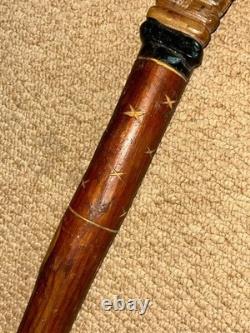 Vintage Rustic Walking Stick Cane Hand-Carved Bovine Horn Fish Crook Handle