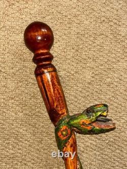 Vintage Rustic Walking Stick Cane Hand-Carved & Painted Winding Snake Shaft