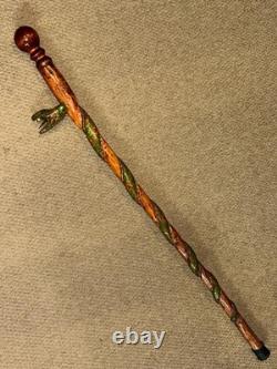 Vintage Rustic Walking Stick Cane Hand-Carved & Painted Winding Snake Shaft